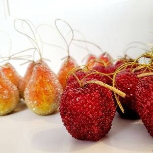 Red Apples & Yellow-Orange Pears Beaded Fruit Ornaments 18pcs (9 of Each Fruit)